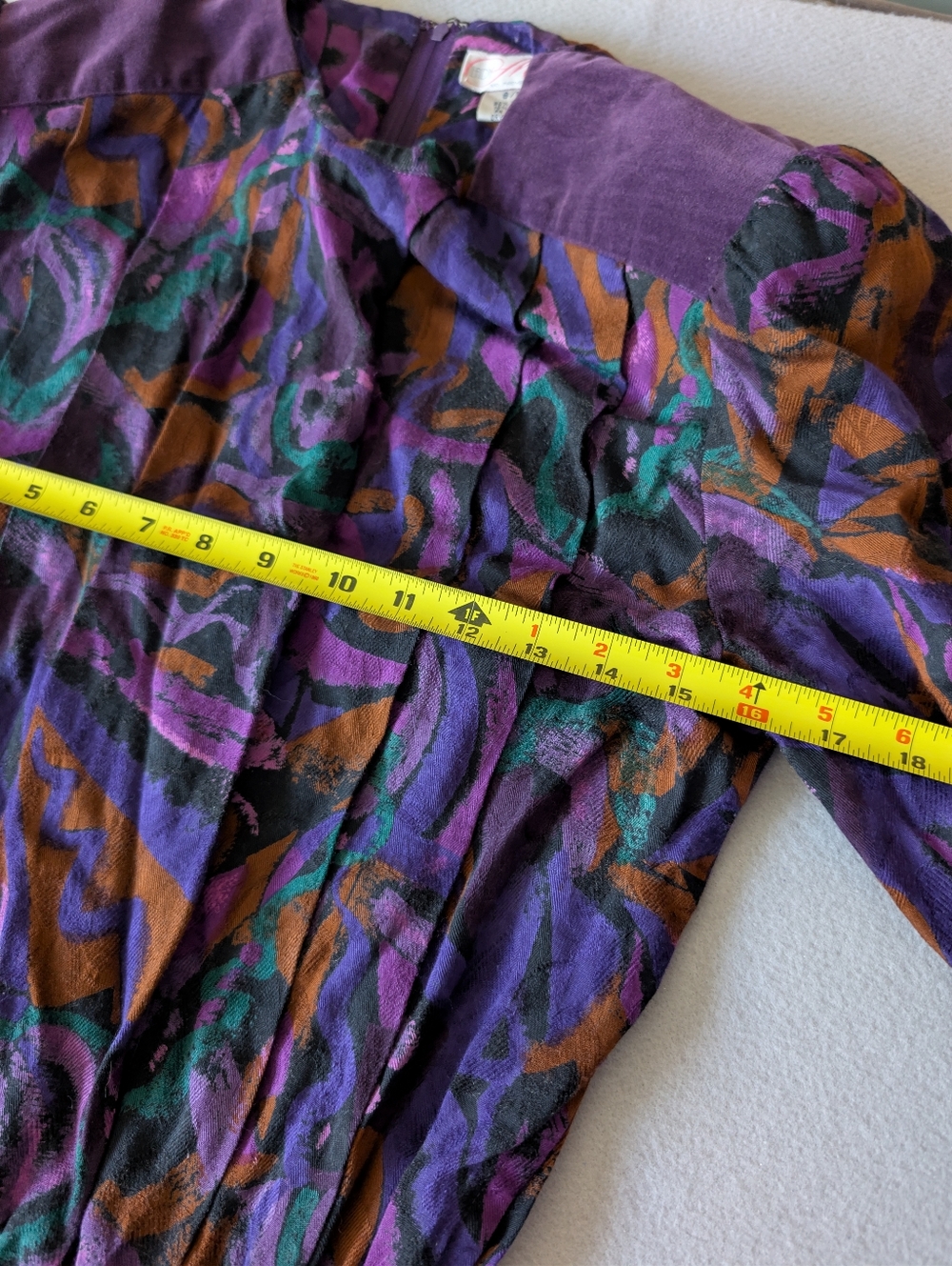 80s Abstract Geometric Print Midi Dress Purple Teal Rayon Wool Shoulder Pads M image 8